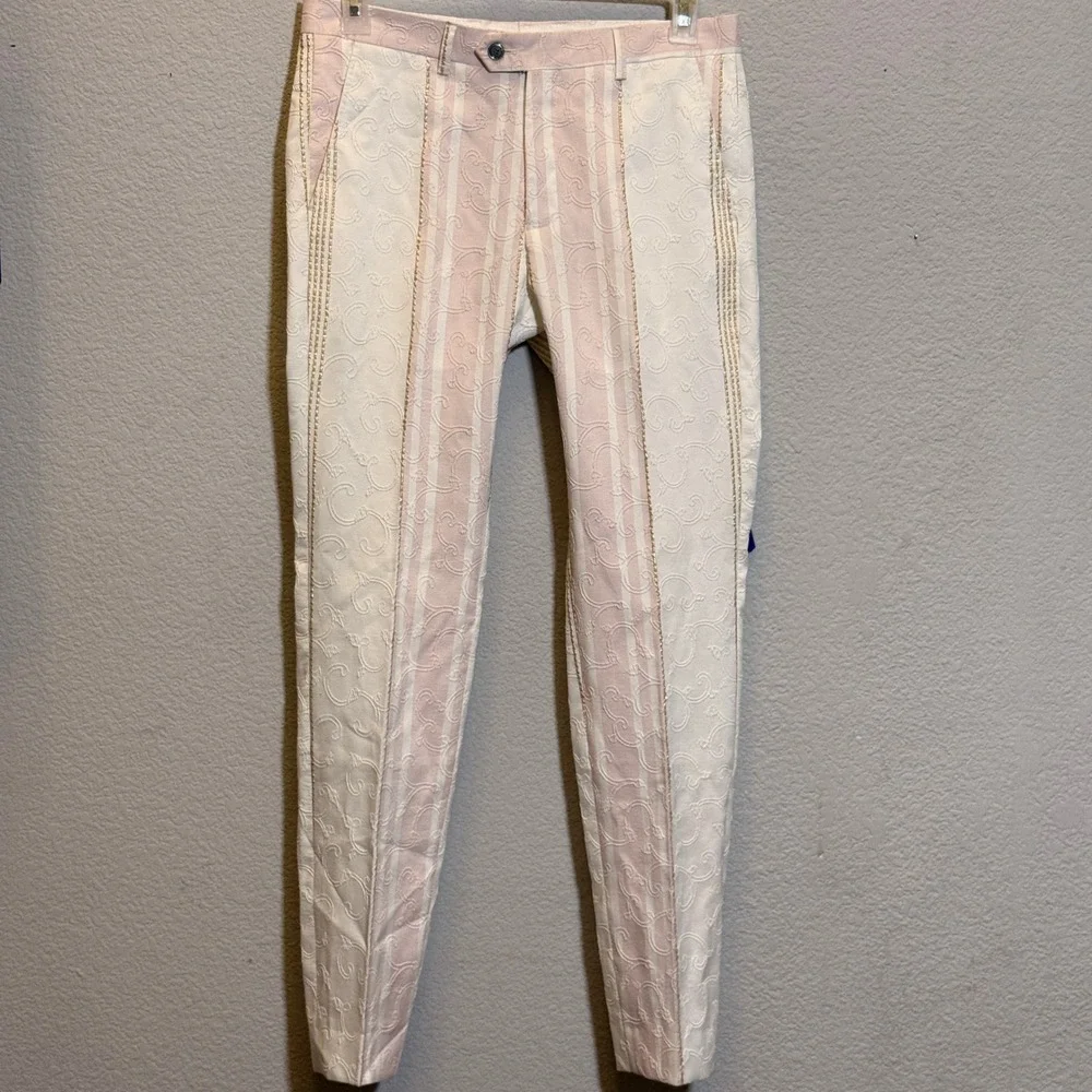 Barabas Suit Set Floral Jacquard Pink White Gold Mens 38R 32 Slim Fit BL3006-1#